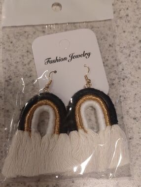 Fashion Jewelry Black, Gold & Cream Rainbow Fringe Earrings